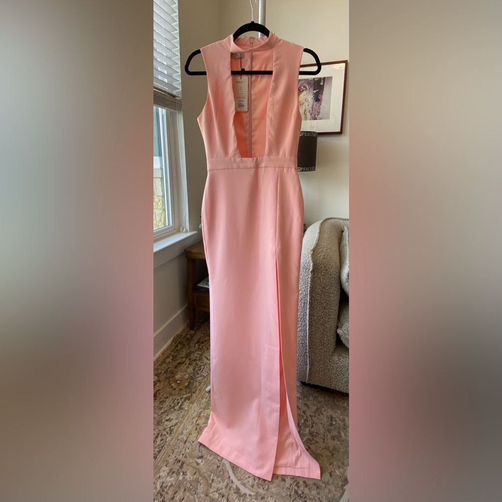 Brand new w/tags! 60” long light pink gown, 13” waist, size Small